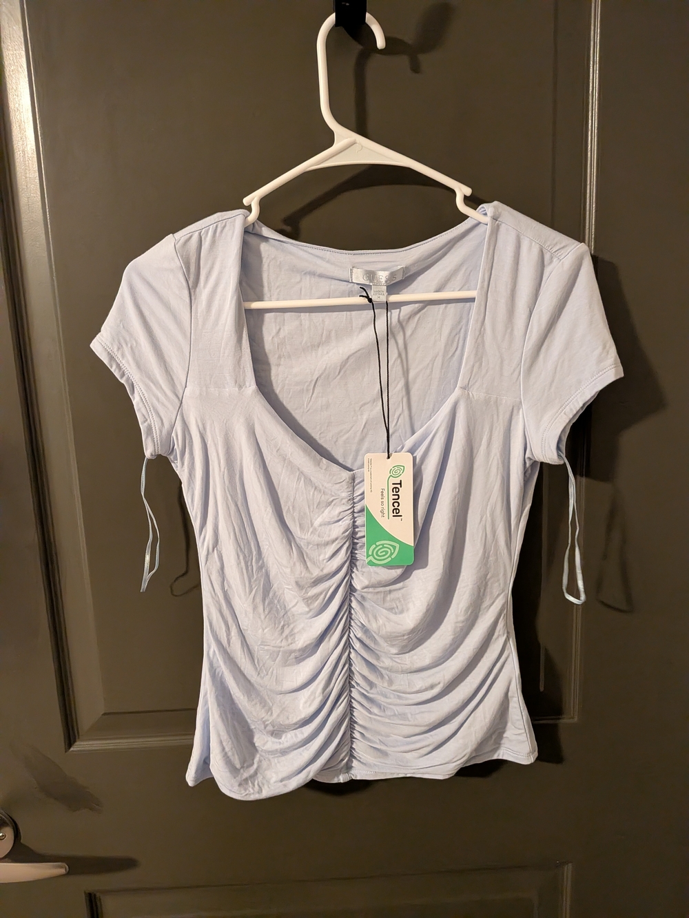 GUESS Light Blue Ruched Short Sleeve Tee